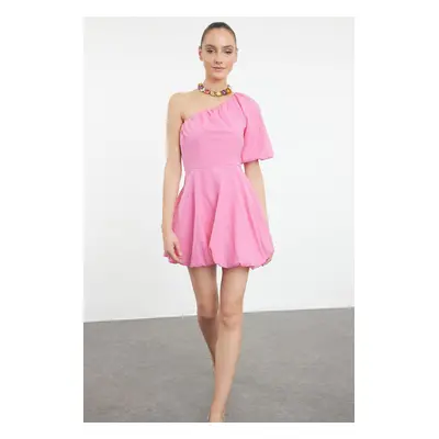 Trendyol Pink A-Line One Shoulder Balloon Skirt Detailed Woven Poplin Short Dress