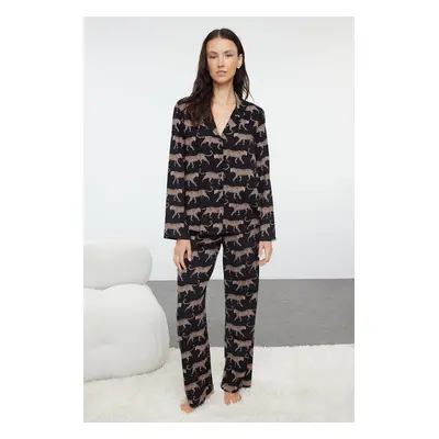 Trendyol Black Animal Patterned Viscose Woven Pajama Set