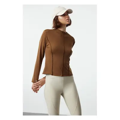 Trendyol Brown Micro Ruffle Stitching and Reflective Print Detailed Sports Knitted Top/Blouse