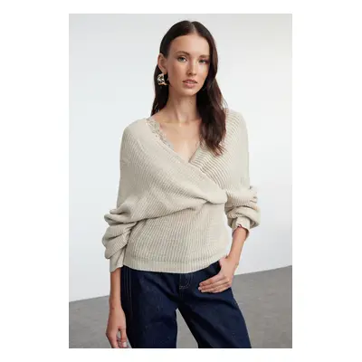 Trendyol Stone Double Breasted Lace Garnished Knitwear Sweater