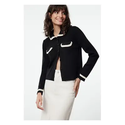 Trendyol Black Color Blocked Polo Neck Knitwear Cardigan