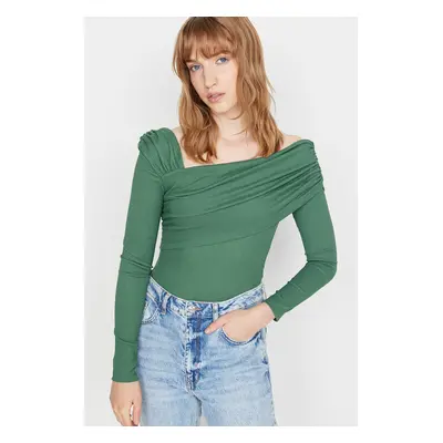 Trendyol Emerald Green Asymmetric Collar Draped Fitted/Situated Crepe Knitted Bodysuit