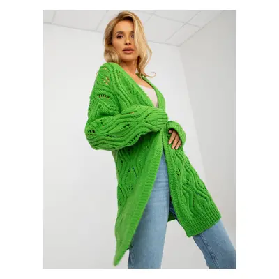 Light green women's openwork cardigan with wool addition