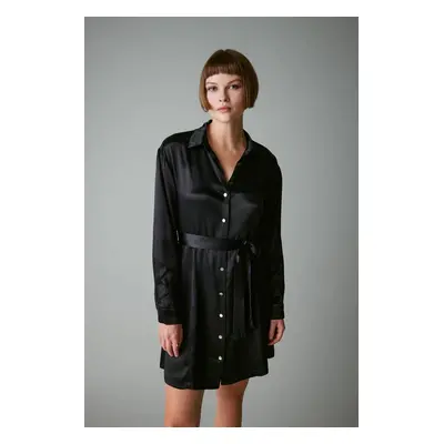 DEFACTO Shirt Lapel Belted Satin Long Sleeve Mini Dress