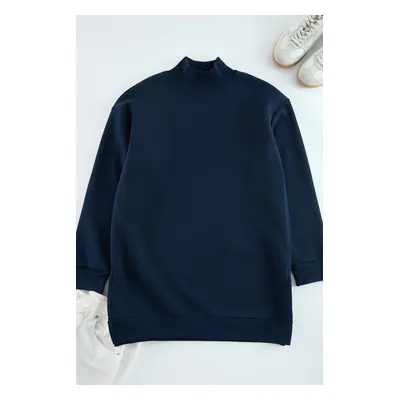 Trendyol Navy Blue Stand Collar Slit Detailed Furry Oversize Knitted Sweatshirt