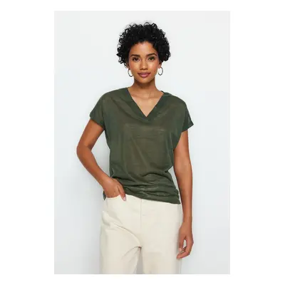 Trendyol Khaki V-Neck Linen-Looking Regular Fit Knitted T-Shirt