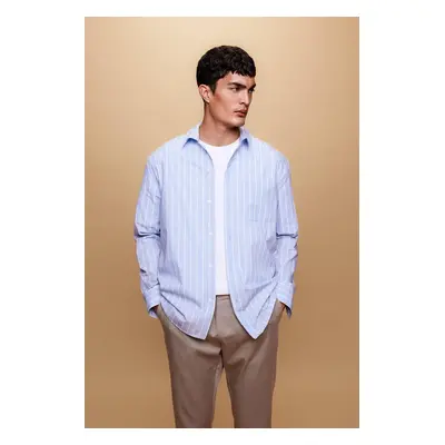 DEFACTO Relax Fit Polo Collar Striped Poplin Long Sleeve Shirt