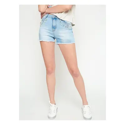 Denim shorts with pearls at the pockets blue