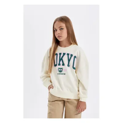 DEFACTO Girl Oversize Wide Pattern Crew Neck Printed Sweatshirt