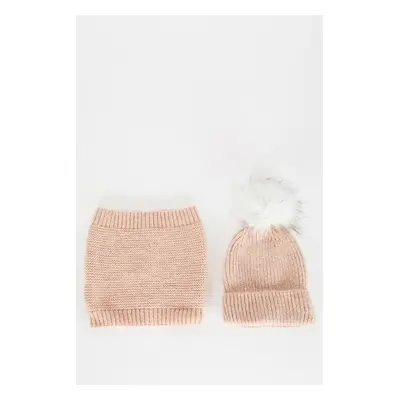 DEFACTO Girl's Neck Collar Pompom Beanie 2-Piece Set