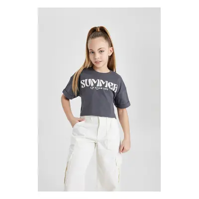 DEFACTO Girls Crew Neck Printed Short Sleeve T-Shirt