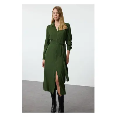 Trendyol Khaki Belted Viscose Midi Woven Shirt Dress