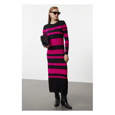 Trendyol Black Fuchsia Color Block Ribbed Knit Sweater Dress