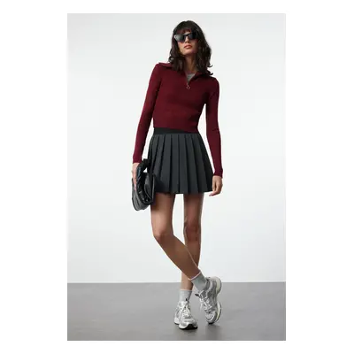 Trendyol Claret Red Crop Zipper Detailed Knitwear Sweater