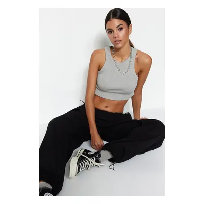 Trendyol Gray Melange Super Crop Halterneck Ribbed Flexible Knit Tank Top