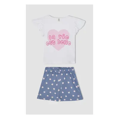 DEFACTO Girl's Printed Short Sleeve Pajama Set with Shorts