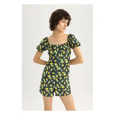 DEFACTO Sweetheart Neckline Lemon Patterned Short Sleeve Mini Jumpsuit