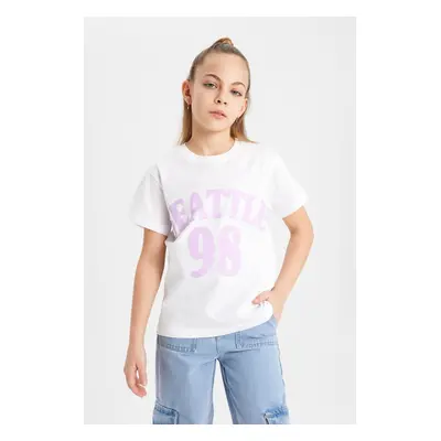 DEFACTO Girls Crew Neck Printed Short Sleeve T-Shirt