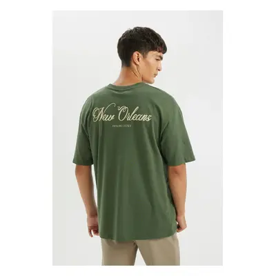 DEFACTO Men's Khaki Oversize Fit Wide Cut Crew Neck Back Printed Cotton Short Sleeve T-Shirt