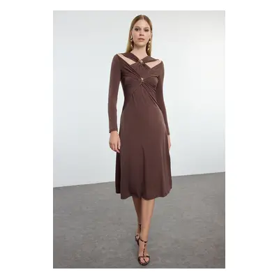 Trendyol Brown Accessory Detailed Knitted Elegant Evening Dress