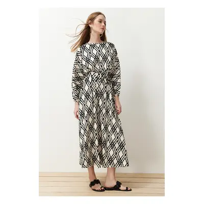 Trendyol Black Patterned Belt Detailed Crinkle Woven Dress