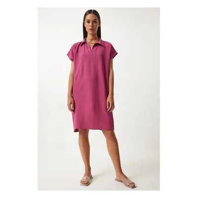 Happiness İstanbul Women's Plum Polo Neck Summer Loose Linen Ayrobin Dress