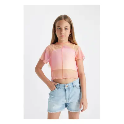 DEFACTO Girl's Crop Crew Neck Gradient Printed Tulle Short Sleeve T-Shirt Undershirt 2-Piece Set