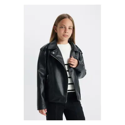 DEFACTO Girl Water Repellent Jacket Collar Faux Leather Coat