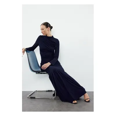 Trendyol Navy Blue Fitted High Neck Long Sleeve Flexible Maxi Knitted Dress