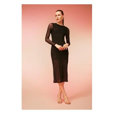 DEFACTO Bodycon Round Neck Tulle Long Sleeve Midi Dress