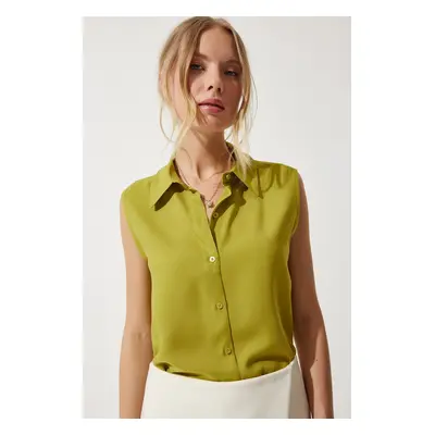 Happiness İstanbul Women's Oil Green Sleeveless Viscose Shirt