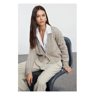 Trendyol Beige Crop Tie Detail Knitwear Cardigan