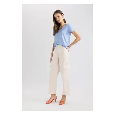 DEFACTO Straight Fit Cargo Pocket High Waist Wide Leg Gabardine Trousers