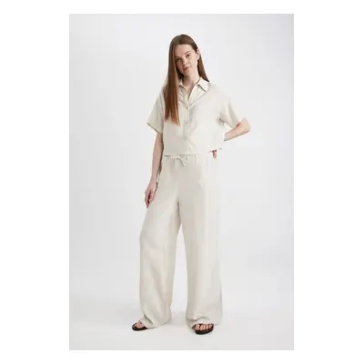 DEFACTO Wide Leg Double Pocket High Waist Standard Length Linen Blend Trousers