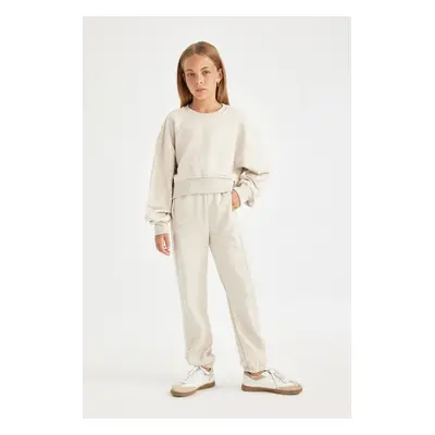 DEFACTO Girl's Crew Neck Basic Plain Sweatshirt Jogger Tracksuit Sweatpants 2-Piece Set