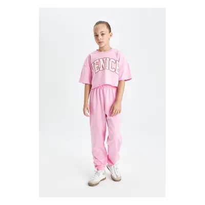 DEFACTO Girls' Printed Short Sleeve T-Shirt Sweatpants Set of