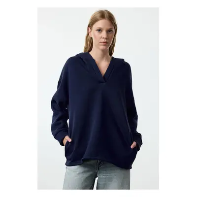 Trendyol Navy Blue Hooded Oversize/Wide Fit Thick Knitted Sweatshirt