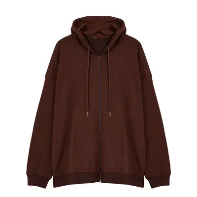 Trendyol Brown Plus Size Oversize Basic Hooded Zippered Inside Fleece Cotton Sweatshirt