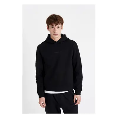 DEFACTO Men's Black Regular Fit Hooded Text Printed Sweatshirt