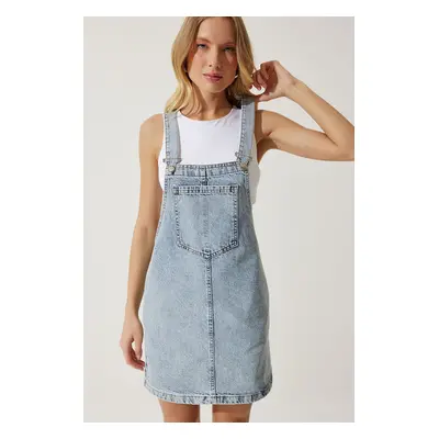 Happiness İstanbul Women's Light Blue Denim Mini Salopet Dress