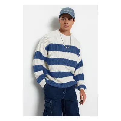 Trendyol Blue Oversize Crew Neck Striped Knitwear Sweater