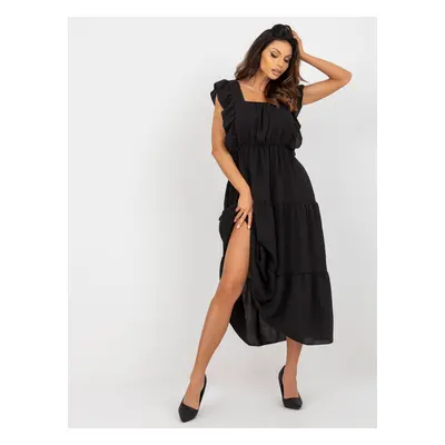 Black midi dress with a loose ruffle