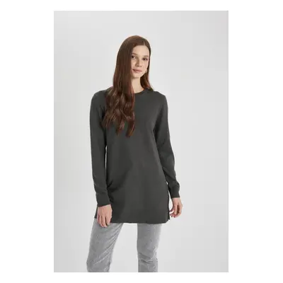 DEFACTO Regular Fit Crew Neck Slit Basic Plain Sweater Tunic