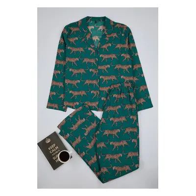 Trendyol Emerald Green Tiger Patterned Viscose Woven Pajama Set