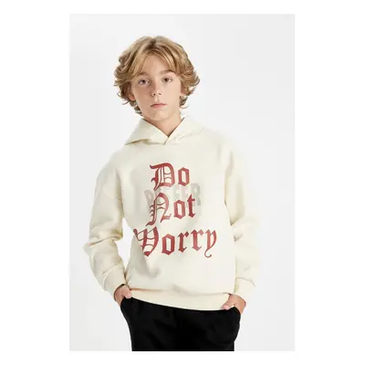 DEFACTO Boy Beige Oversize Fit Wide Mold Hooded Text Printed Thick Sweatshirt