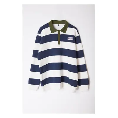 Trendyol Plus Size Navy Blue Regular/Normal Cut Polar Fleece Inside Cotton Striped Sweatshirt