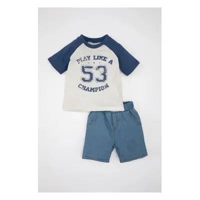 DEFACTO Baby Boy Printed Short Sleeve T-shirt Jean Shorts 2-Piece Set