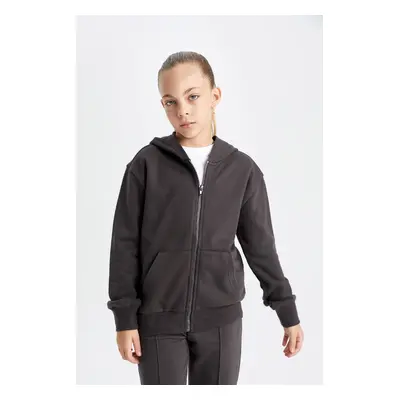 DEFACTO Girls Anthracite Basic Hooded Zippered School Cardigan