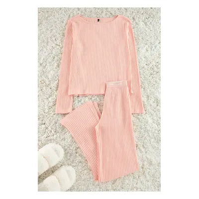 Trendyol Powder Slogan Elastic Detailed Ribbed Knitted Pajama Set