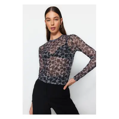 Trendyol Black Printed Tulle Fitted Crop Stretchy Knitted Blouse